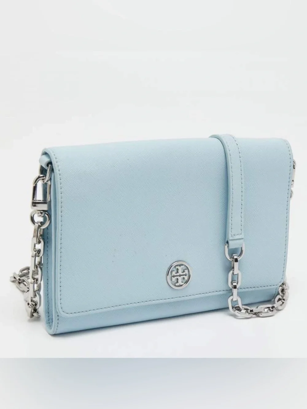 Tory Burch Light Blue Robinson Clutch with Chain Strap